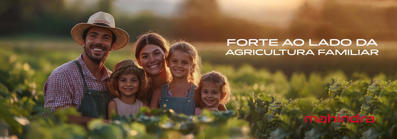 Família de agricultores com trator Mahindra ao pôr do sol